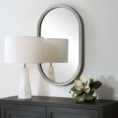  Pill Shaped Wall Mirror 32.5" H Silver Black Textured Decorative Mirror