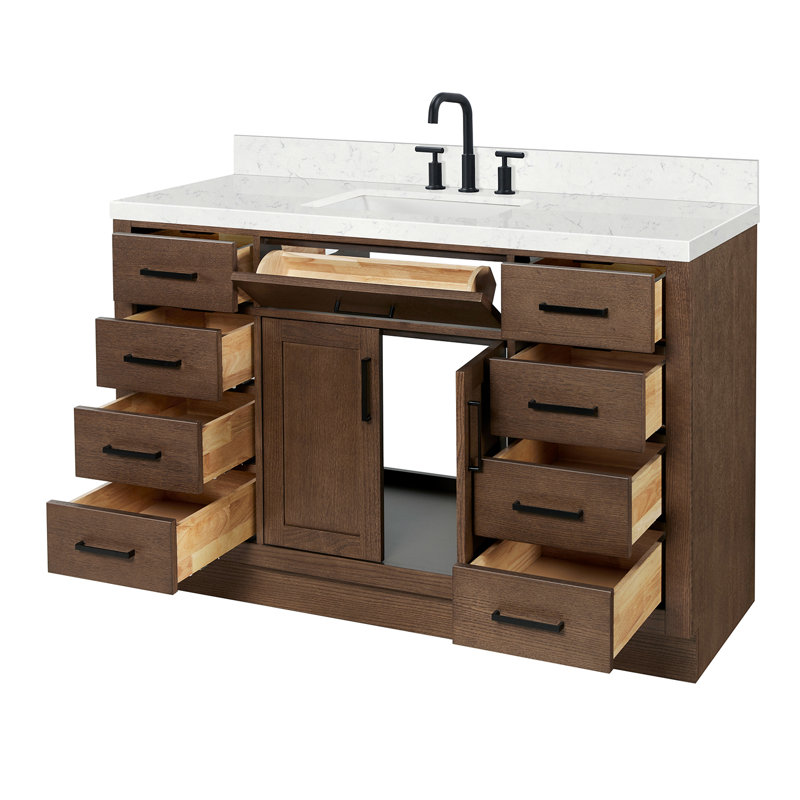 Meuble-lavabo simple en bois massif 54 po Tidworth avec lavabo en quartz Carrara 1,5 po, Forme rectangulaire