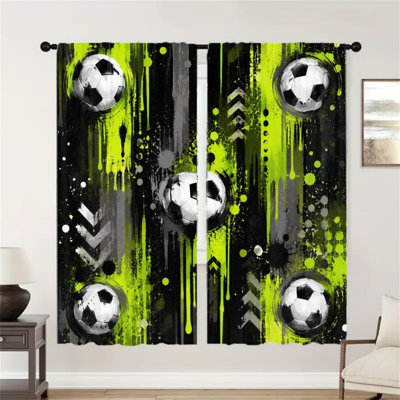 2 pièces rideaux noirs et verts fluo à imprimé soccer, rideau abstrait filtrant la lumière de style graffiti pour le salon
