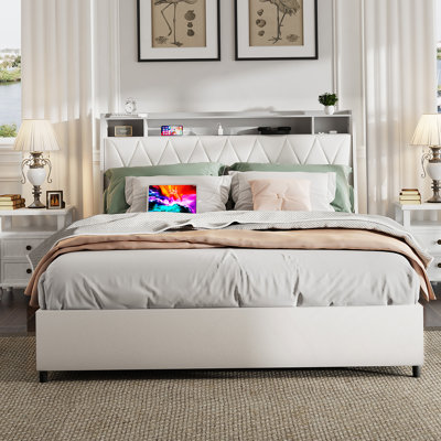 Base de grand lit, tête de lit ergonomique, plateforme, prises, chargeur, métal, tablette de rangement