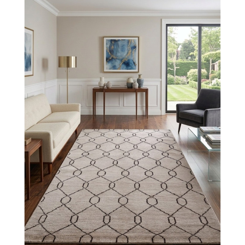 Tapis intérieur beige noué à la main à motif géométrique 100% laine, Rectangle de 5 pi x 8 pi