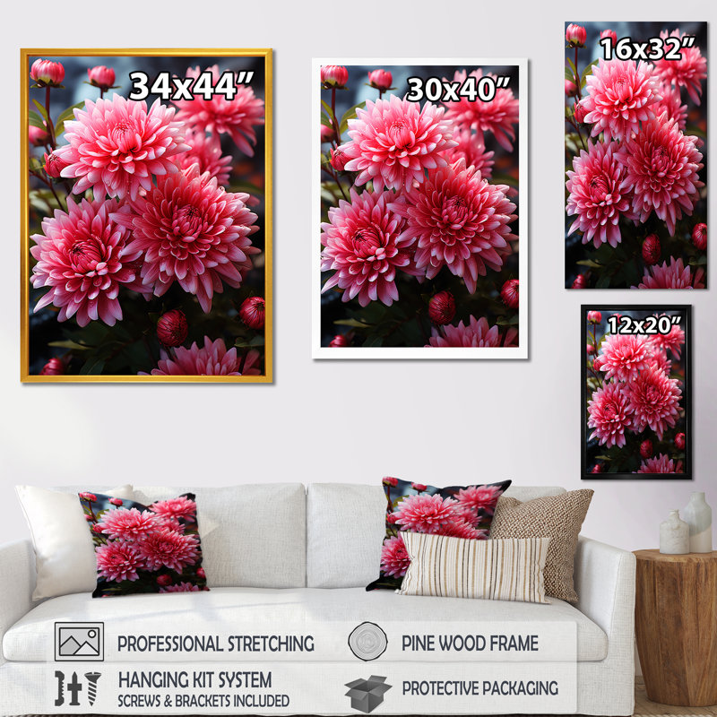 «Pink Mums Elegance In Forest III - Mums», art mural, Cadre flottant noir, H 20 po x l 12 po x P 1 po