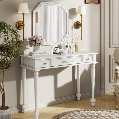 Élégante coiffeuse avec miroir octogonal et 3 tiroirs pour la chambre à coucher, le salon ou le couloir.