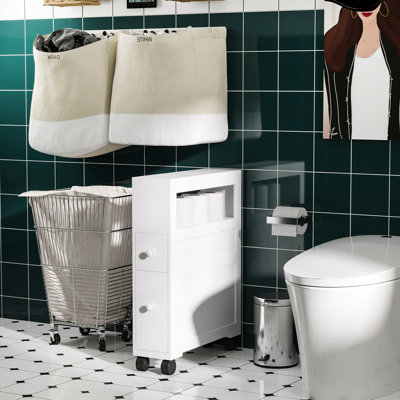 Bathroom Floor Cabinet With Locking Wheels And White Color - 45 Lbs Capacity Storage In Material Rolling