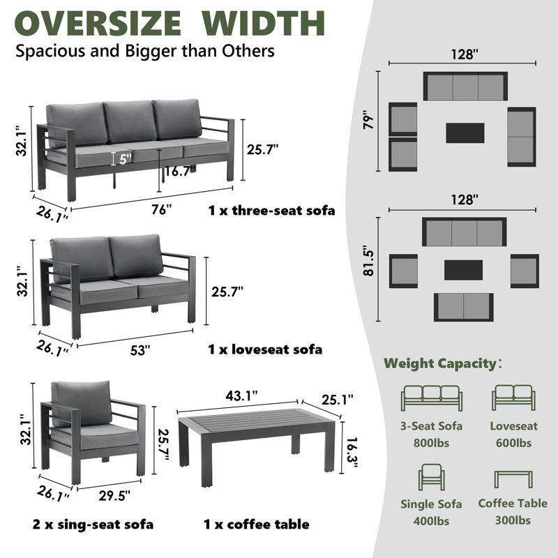 Arreana 7 - Person Patio Conversation Set with Cushions, Dark Gray Frame/Dark Gray Cushion