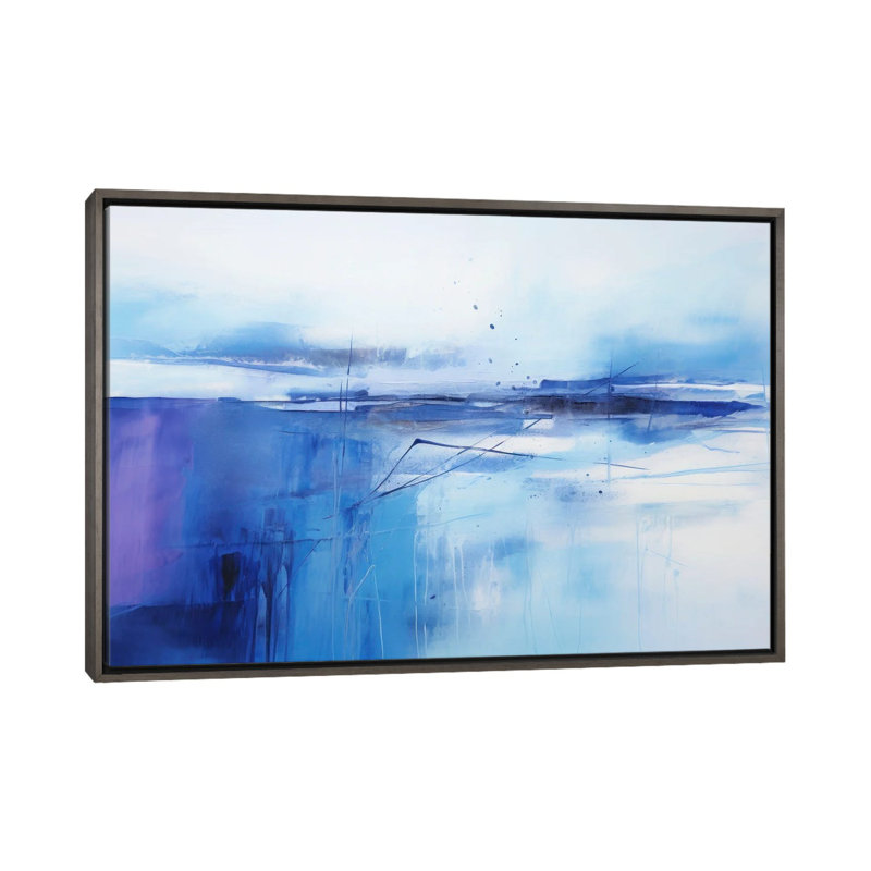 Blue And Purple Abstraction, 26" H x 40" W x 1.5" D, No Mat, Dark Rustic Wood Floater Framed Canvas
