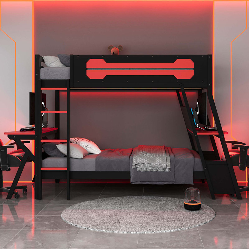 Twin Size Bunk Bed with Two Built-In Gaming Desks, USB Desktop Ports & Pegboard Organizer, Gaming Bunk Frame for Gamer, Red