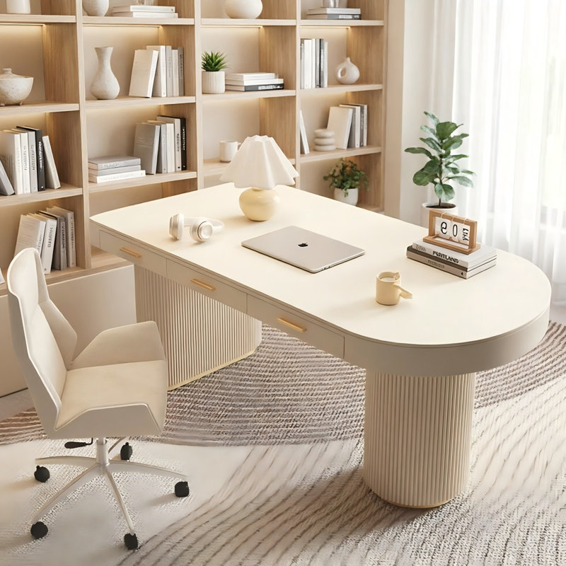Bureau crème à demi-cercle droit, 3 tiroirs, H 29,53 po x l 55,12 po x P 27,56 po, Retour à droite