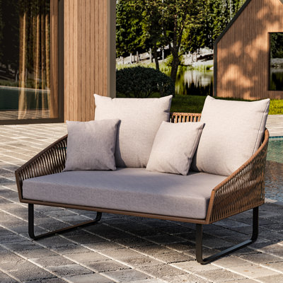 Rattan Outdoor Daybed With Gray Cushion Pillow & Aluminum Frame (63" Width) by Bayou Breeze