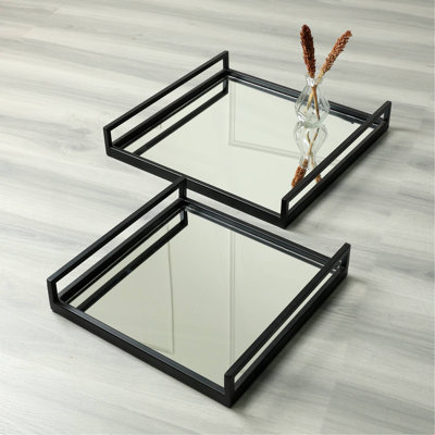 Handcrafted Glass With Metal Frame Serving Tray - 20X20x3 Inches | Rustic & Elegant Design For Entertaining-Set Of 2