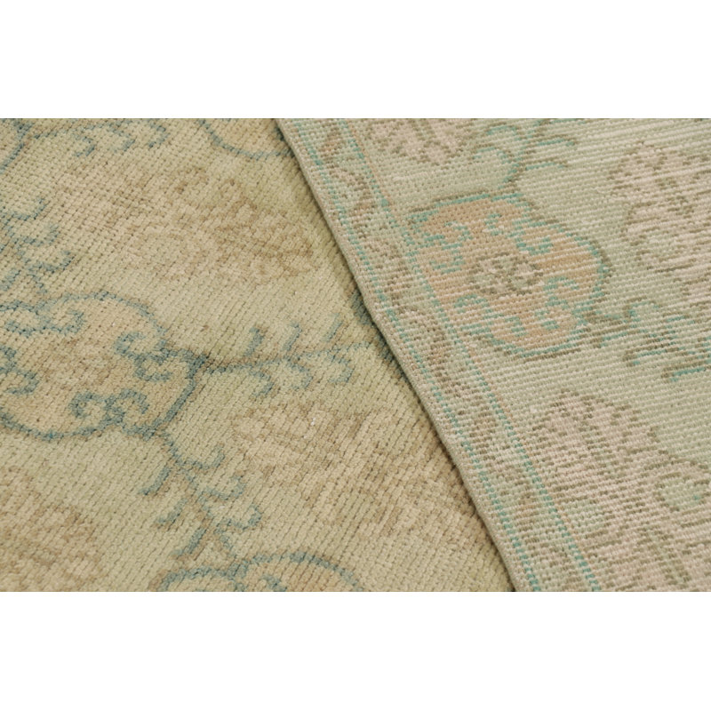 Vintage Distressed Rug, Beige And Green Floral Geometric Pattern - Rug & Kilim