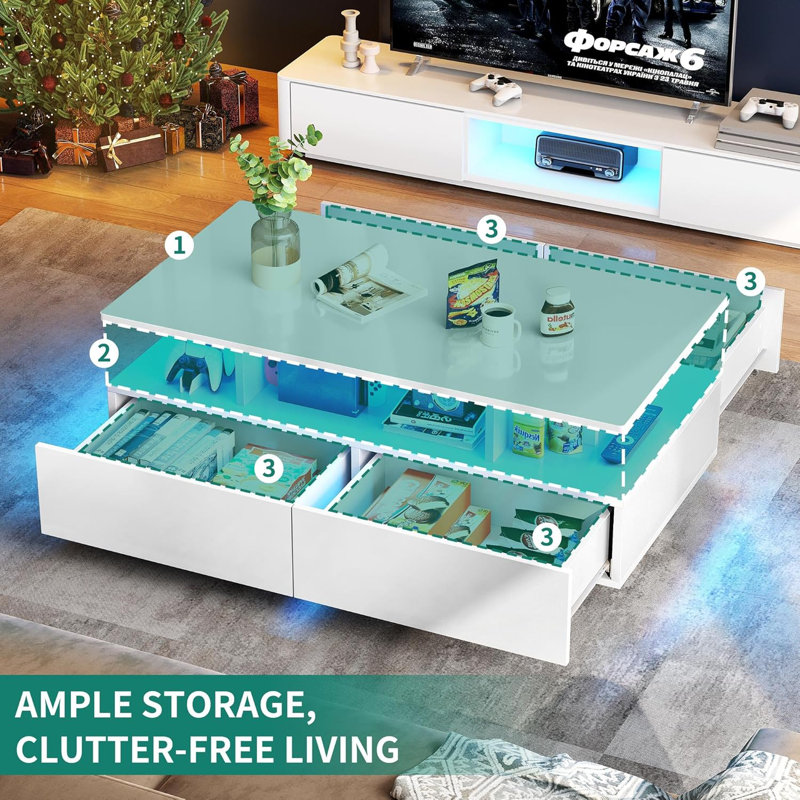 Coffee Table With Storage, Modern LED Coffee Tables For Living Room High Glossy White Rectangular Coffee Table, Small Center Coffee Table With Open Display Shelf & Sliding Drawers, White