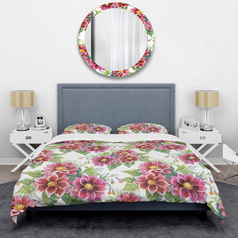 Floral rouge et feuille verte - ensemble de housse de couette floral - microfibre de polyester