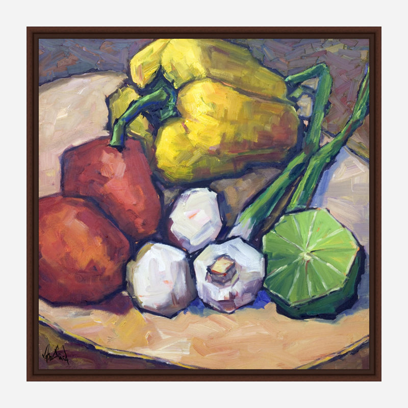 Poivrons, limes et champignons - reproduction d'artiste sur toile, Cadre flottant brun, H 32 po x l 32 po x P 2 po