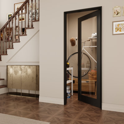 Intérieur 1-Lite cadre noir et porte en verre transparent, porte pré-montée en panneau de fibres à densité moyenne CARB P2 avec verre trempé SGCC, avec trousse de joint, bande d'étanchéité, charnières noires et ouverture à droite, pré-fini et résistant aux rayures, garde-manger, chambre à coucher, salle de bain et garde-robe , 30 po x 80 po