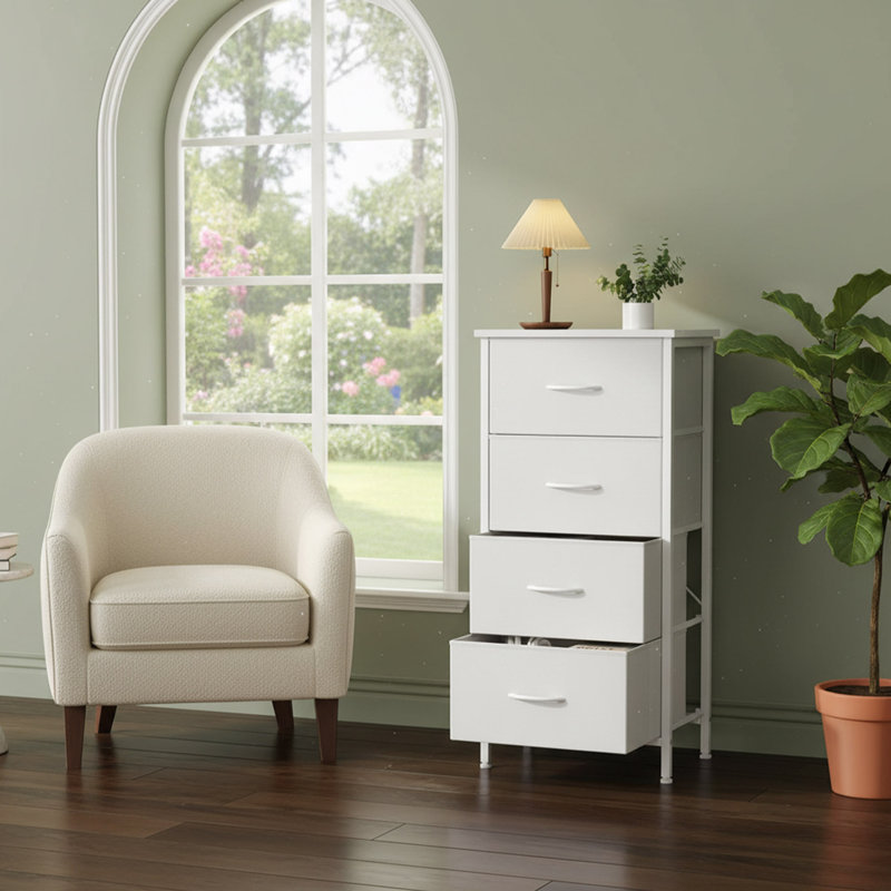 Table de chevet 4 tiroirs en tissu avec plateau en bois et armoire de rangement
