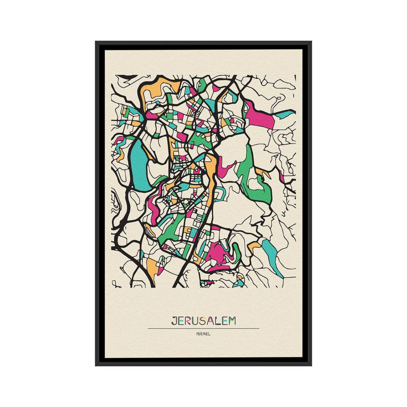 Jerusalem, Israel Map by Ayse Deniz Akerman - Floater Frame Gallery-Wrapped Canvas Giclée on Canvas
