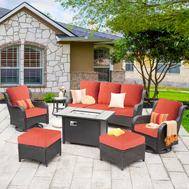 7 - Person Patio Furniture Set with Swivel Rocker, Outdoor Wicker Rattan Seating Group with Cushions, All Weather Sofa Conversation Set with Fire Pit Table for Garden Backyard