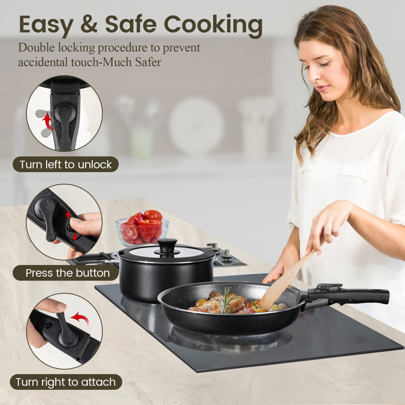 24-Piece Nonstick Cookware Set Removable Handles, Stackable, RV Cookware Sets,Black
