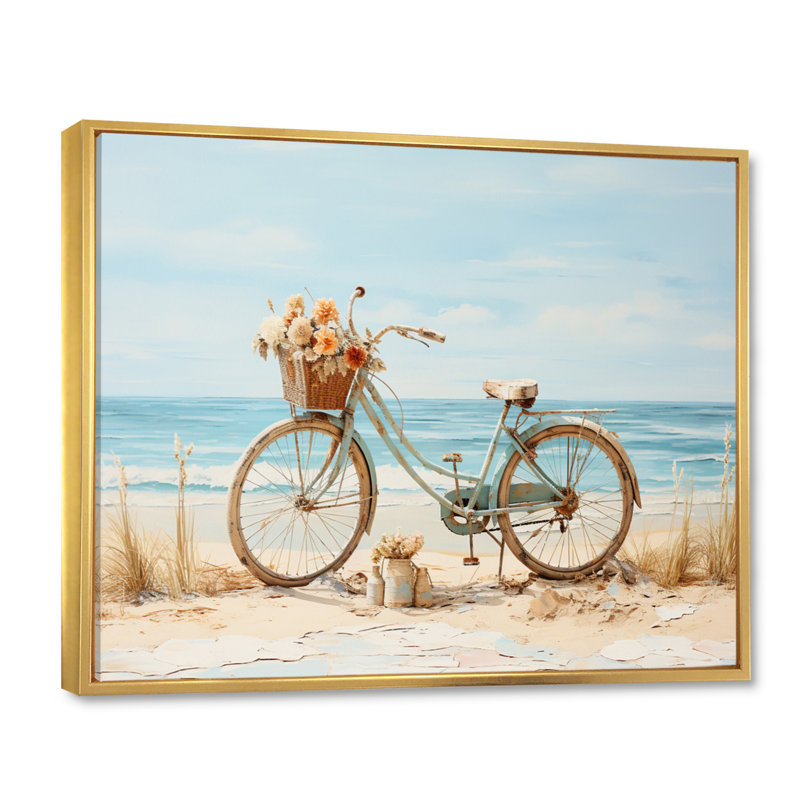 «Bicycle Tranquil Pedaling By The Beach V», reproduction sur toile, Cadre flottant doré, H 12 po x l 20 po x P 1 po