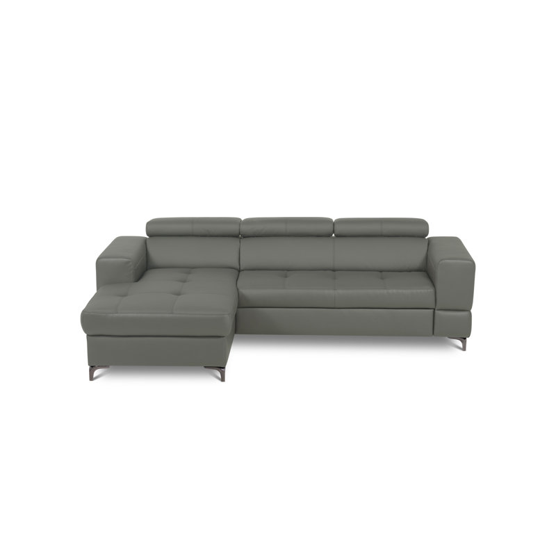 Tinos Genuine Leather Corner Sofa with Pull Out Bed with Storage and Adjustable Headrests, Left Hand Facing, Grey