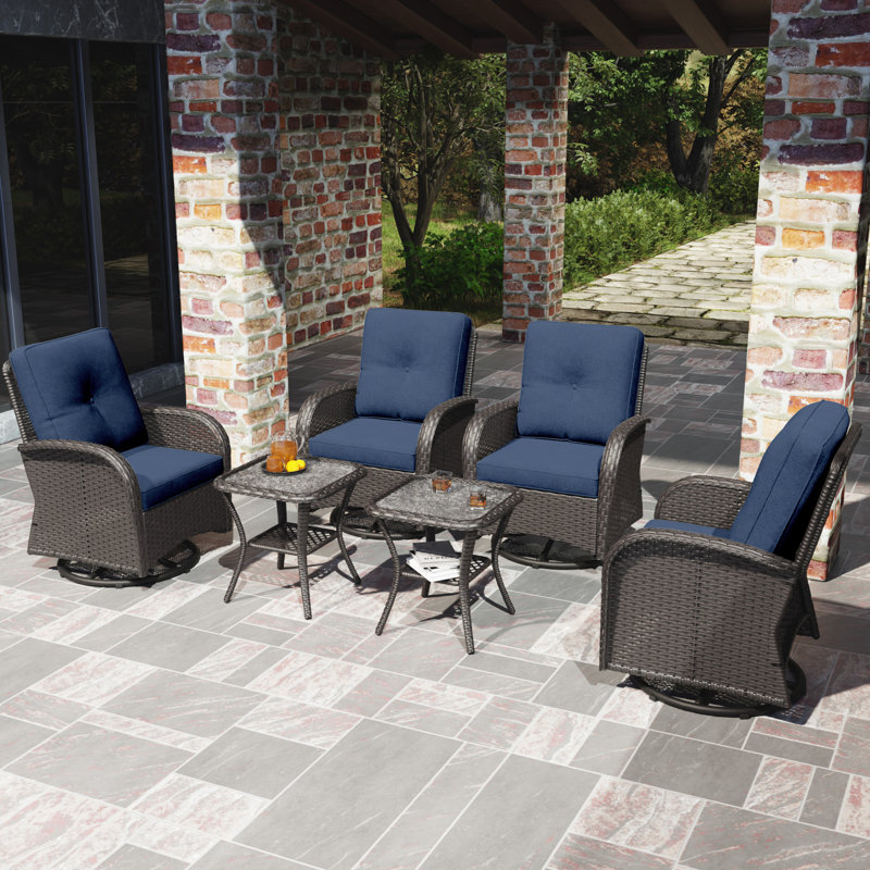 Kyesha 6-Piece Outdoor Swivel Chair Set with Cushions, Blue, Brown