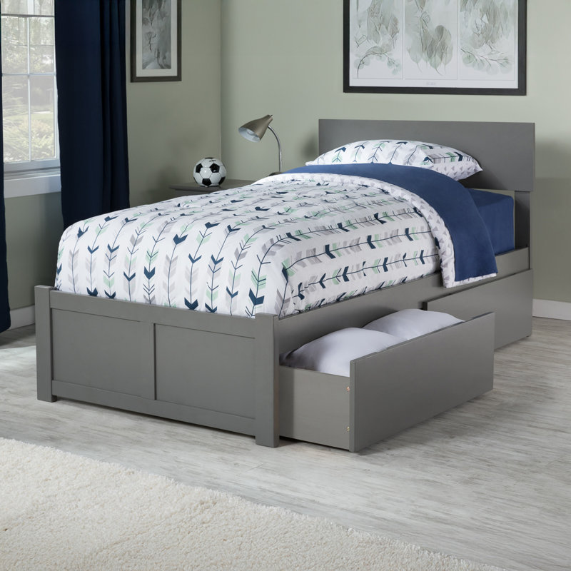 Daurice Solid Wood Platform Bed with Panel Footboard & Storage Drawers, Twin, Gray