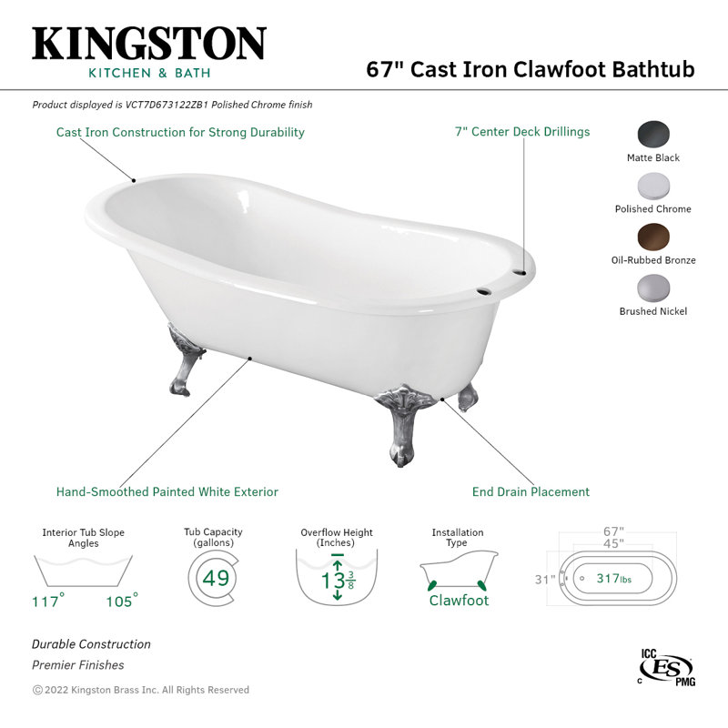 Kingston Brass Aqua Eden 67-Inch Cast Iron Oval Single Slipper Clawfoot Tub (7-Inch Faucet Drillings), Oil Rubbed Bronze