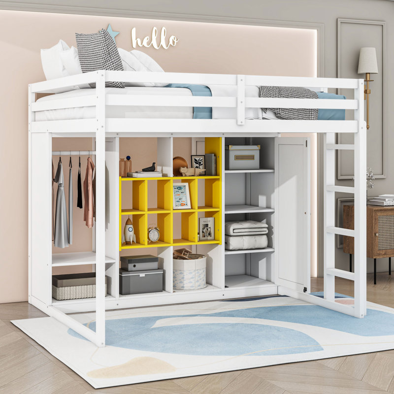 Lit mezzanine en bois avec armoire ouverte et tablettes, Complète, Blanc / Jaune