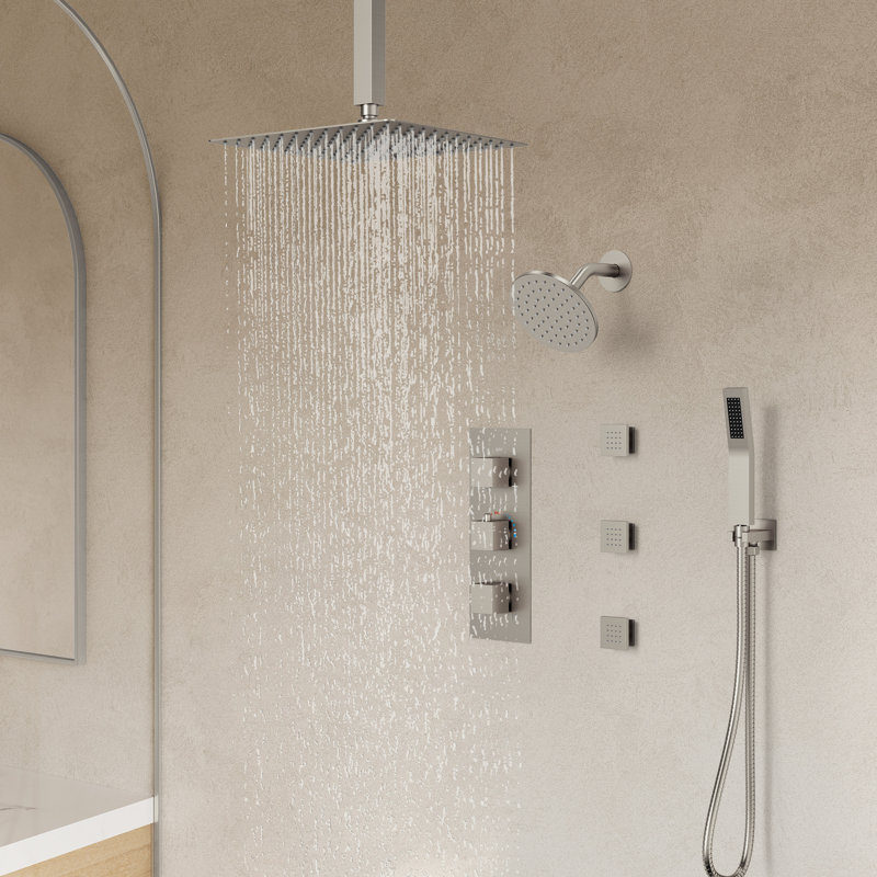 Système de pomme de douche thermostatique double, robinet de douche à pluie haute pression 12 "avec douchette à fixation au plafond