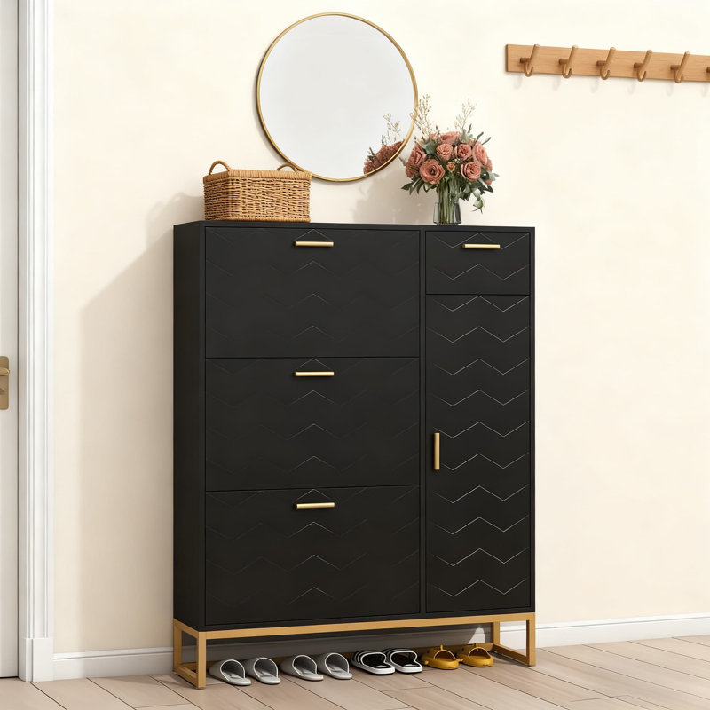 Shoe Storage Cabinet, Free Standing Shoe Organizer with 3 Flip Drawers and Side Cabinet, Black