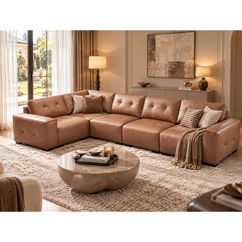 Upholstered Leather 5-piece L-sectional, Brown Faux Leather