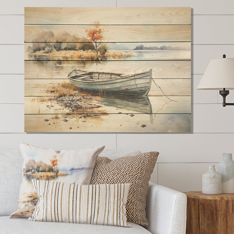 «Blue and Orange Autumn Tranquility», bateau de pêche sur bois, H 10 po x l 20 po