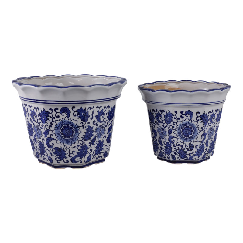 Stoneware Ceramic Planters with Scalloped Edge and Floral Relief Detail, Decorative Handcrafted Garden Accent Containers for Indoor or Outdoor Display, Set of 2