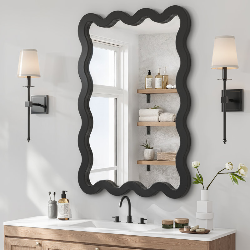 Rectangle Solid Wood Wavy Flat Wall Mirror, Matte Black, 36" x 24" 