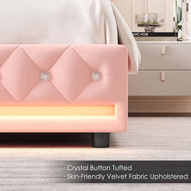 Upholstered Storage Kids Bed With LED Lights And 2 Drawers, Twin, Pink
