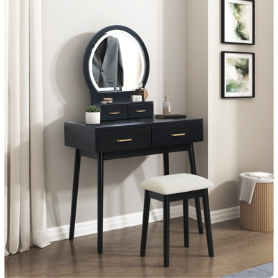 Beautiful Black Finish Vanity Dresser with Mirror and Stool Set Storage Drawers Luxury Furniture 1pc LED Mirror