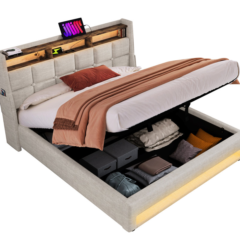 Grand lit moderne avec rangement hydraulique et fonction DEL - Naturel, Grand lit, Naturel