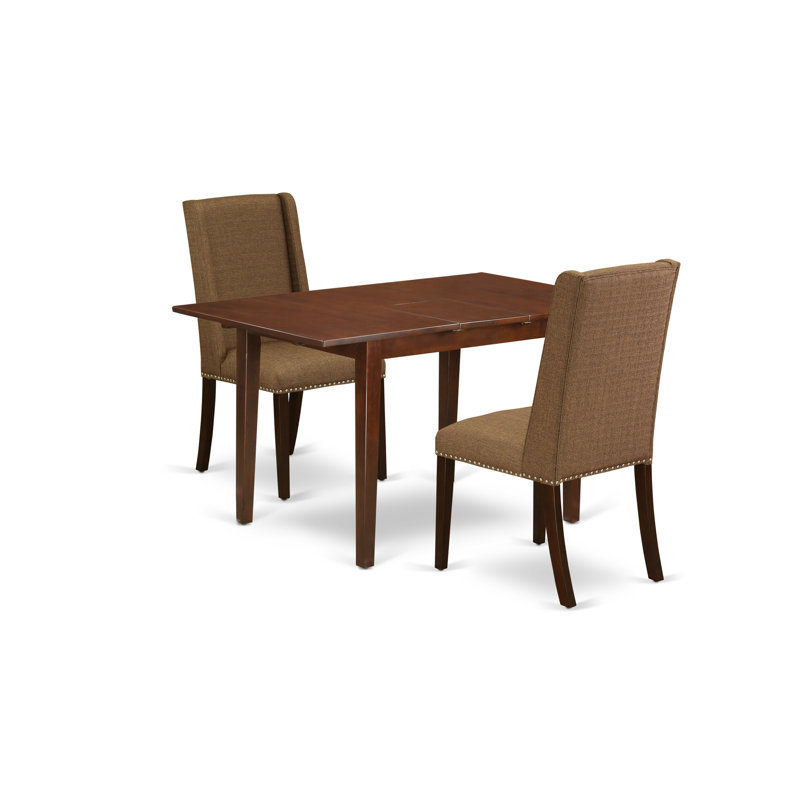 L'ensemble de 3 pièces de table de salle à manger moderne contient une table rectangulaire en bois avec feuille papillon et 2 chaises Parsons en tissu brun, acajou