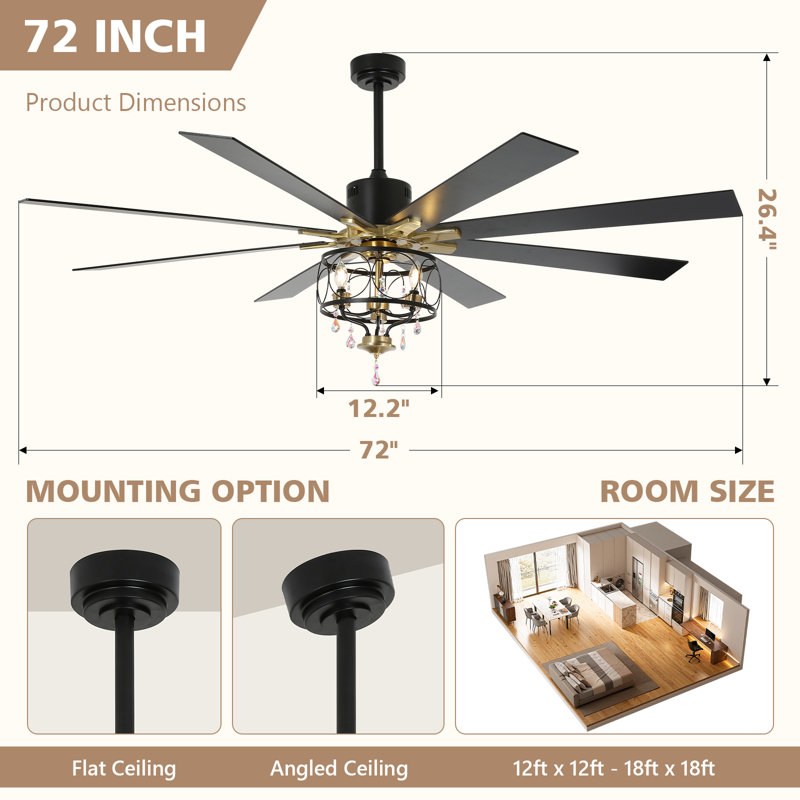 72" Large Ceiling Fan with Lights and Room, Modern Farmhouse Ceiling Fan with Crytstal, 8 Reversible Blades, 6-Speed DC Motor for Great Rooms, Bedroom, Living Room, Black