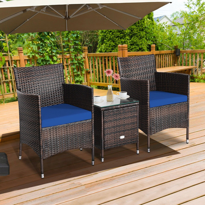 Ailith 3 Piece Rattan Seating Group with Cushions, Patio Conversation Set, Navy