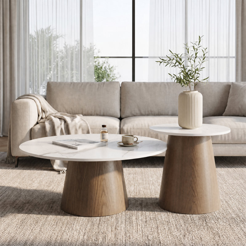 Ensemble de 2 tables basses gigognes rondes avec base en bois massif et fritté (ensemble de 2), Blanc neigeux