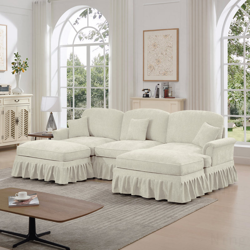 Canapé modulaire en U avec accoudoirs évasés et volants amovibles Classic, Beige, 5