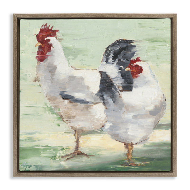 «Farmhouse Chickens Hens», peinture, H 18 po x l 18 po, Cadre flottant orme Montalcino