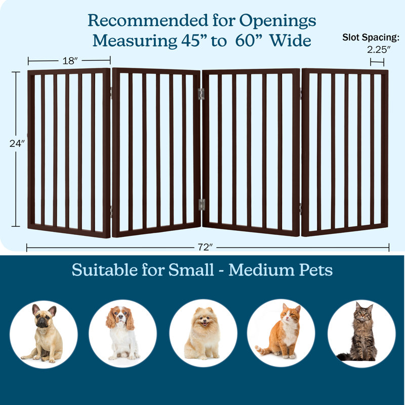 Barrière pour animaux 4 portes en bois pliable pour chien et chat de 72 po x 24 po, clôture de sécurité en accordéon autoportante pour escaliers, couloirs et portes, aucun outil requis, barrière pour animaux de compagnie de Petmaker (brun)
