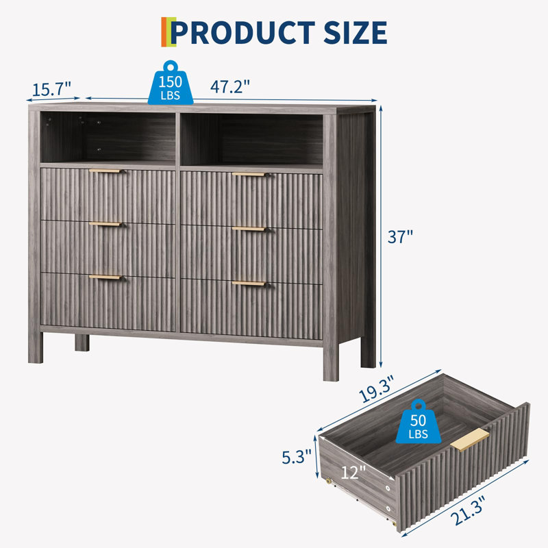 116.8 cm W Chest of 6 Drawers, Grey