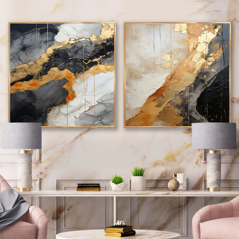 Minimalisme chrome or et orange Poteries - Ensemble de 2 collages carrés abstraits, Cadre flottant doré, H 16 po x l 33 po