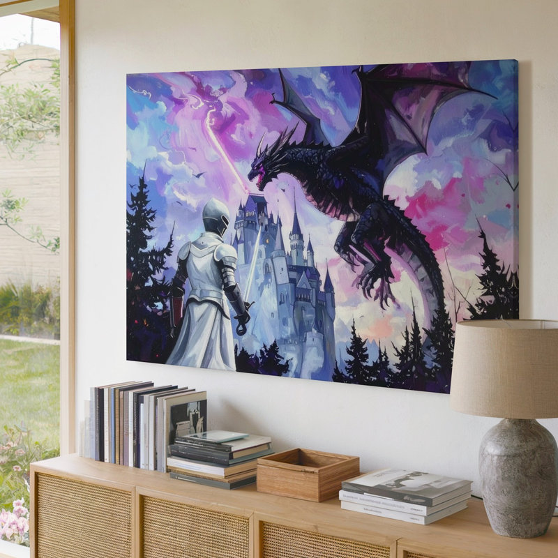 Art mural sur toile, chevalier contre dragon fantôme, H 20 po x l 20 po