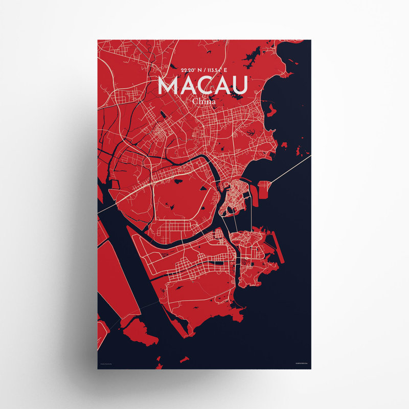 Macau, carte de la ville, impression, H 17 po x l 11 po, Rouge / bleu marine