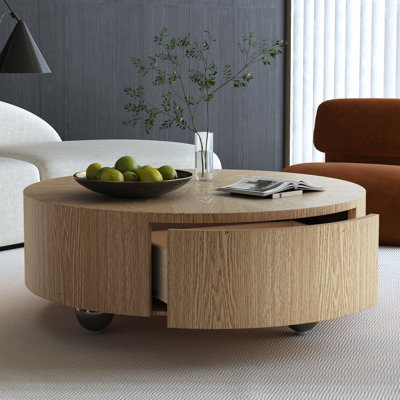 Table basse ronde en bois avec placage de frêne pour le salon, 2 tiroirs de rangement pour les petits espaces